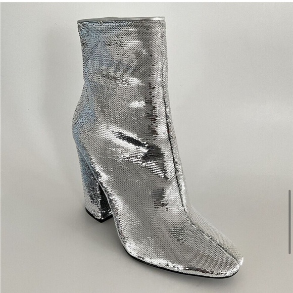 Kendall + Kylie Bootie Silver Sequin Haedyns Square-toe Ankle Boots - Picture 4 of 11